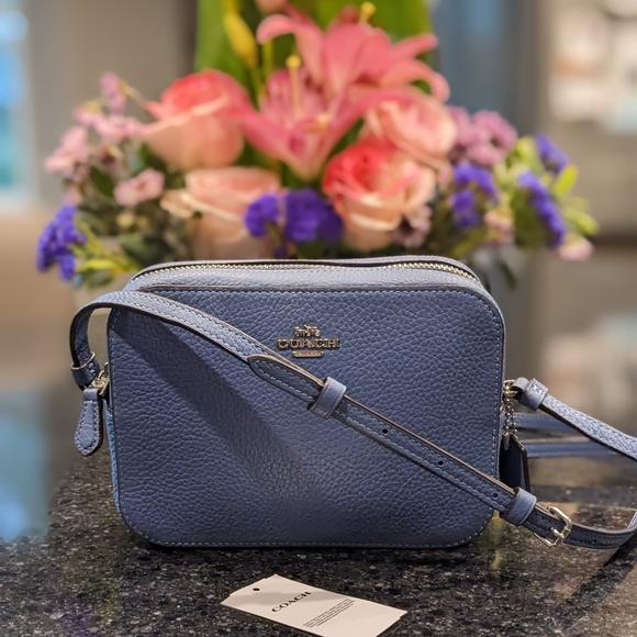 Coach Soft Pebbled Leather Camera Soft Shell Stone Blue Crossbody Bag New in Box - Picture 1 of 7